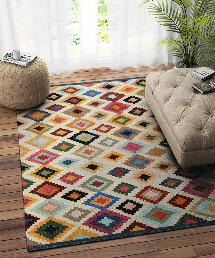 IVORY MULTICOLOR PIXLE KILIM DHURRIE