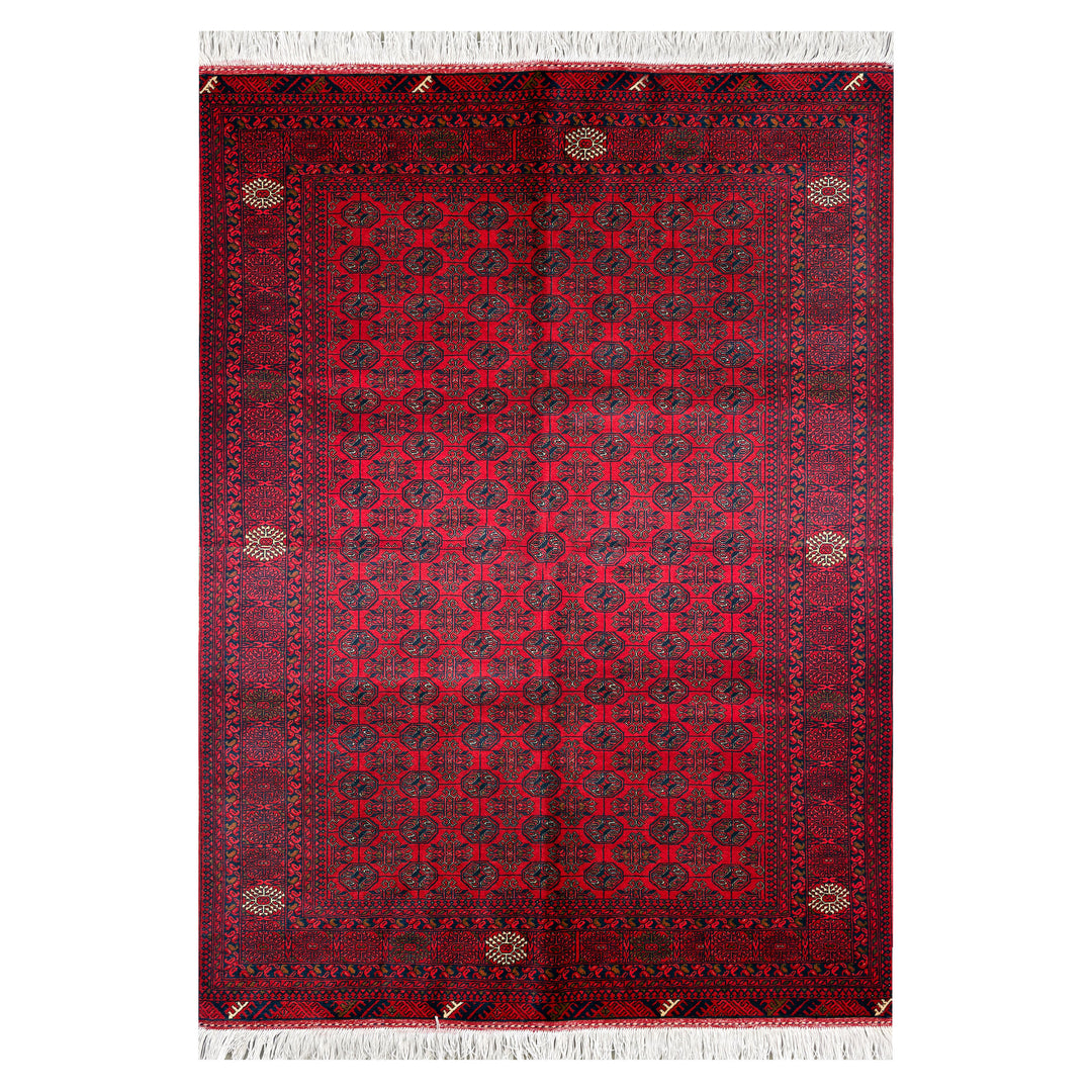 Afghan Mazar-e-Sharif Turkmen Mouri hand-knotted carpet, deep red field with unbroken allover pattern of rounded dark-navy gul motifs in tight rows