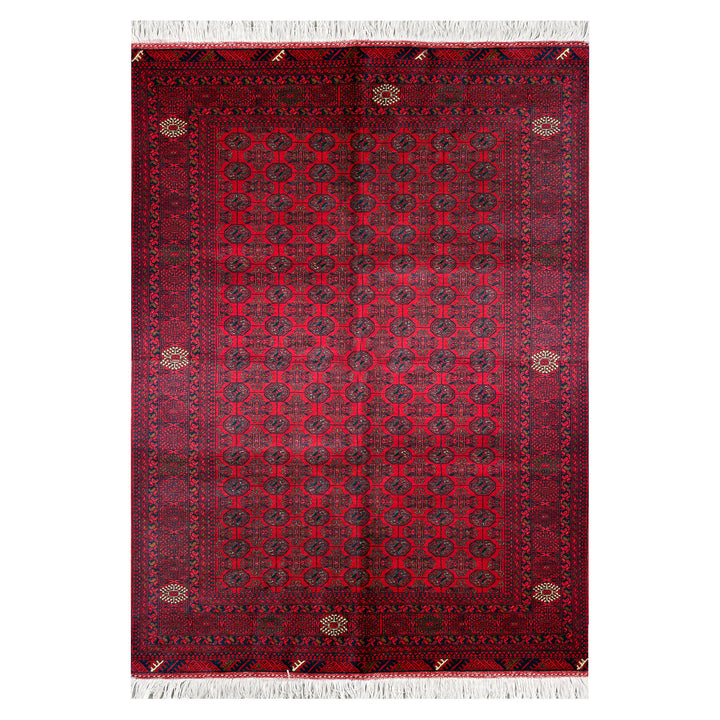 Afghan Mazar-e-Sharif Turkmen Mouri hand-knotted carpet, deep red field with unbroken allover pattern of rounded dark-navy gul motifs in tight rows