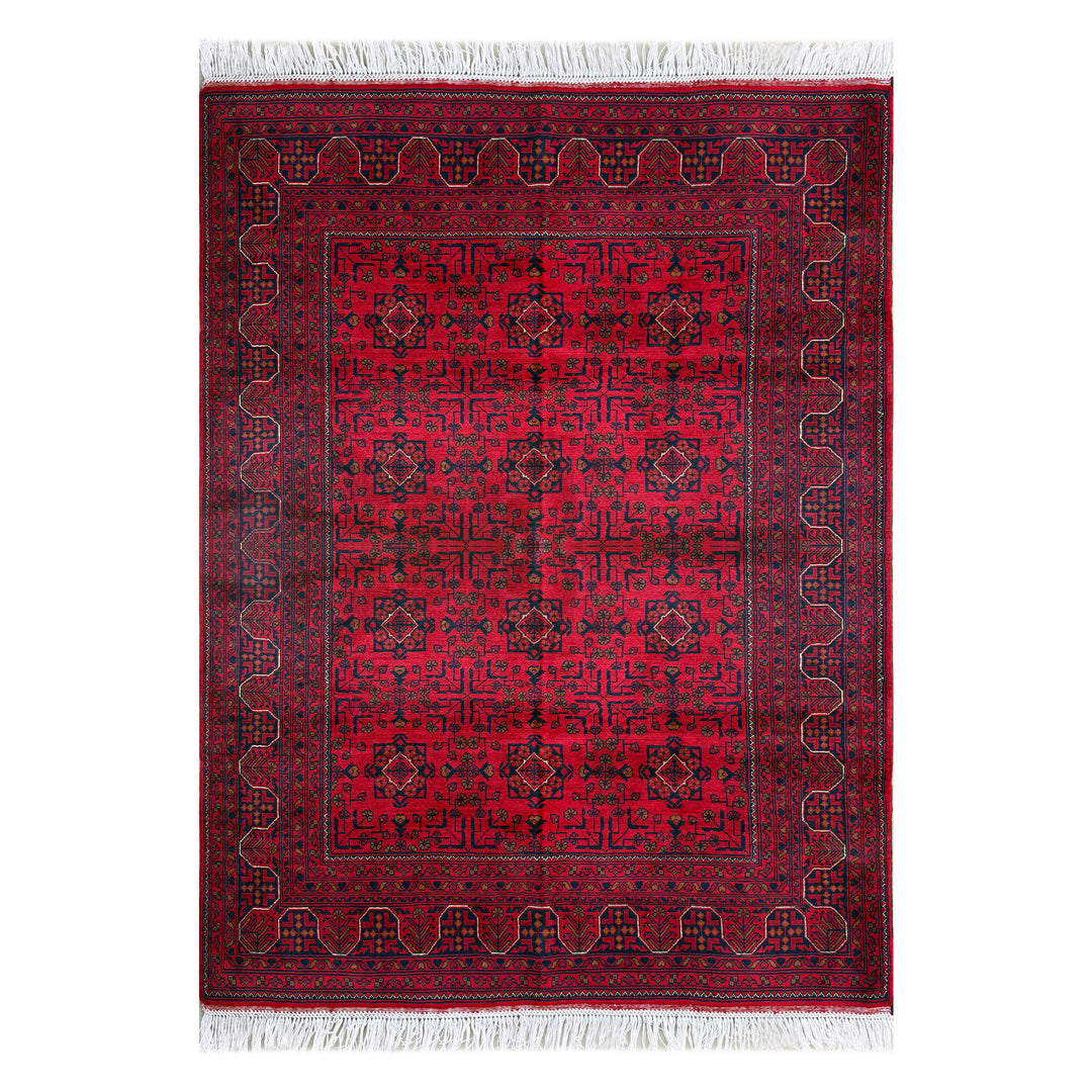 Afghan Mazar-e-Sharif Turkmen Khal Mohammadi hand-knotted carpet, deep crimson field with maze-like angular near-black navy lattice punctuated by gold and ivory diamonds