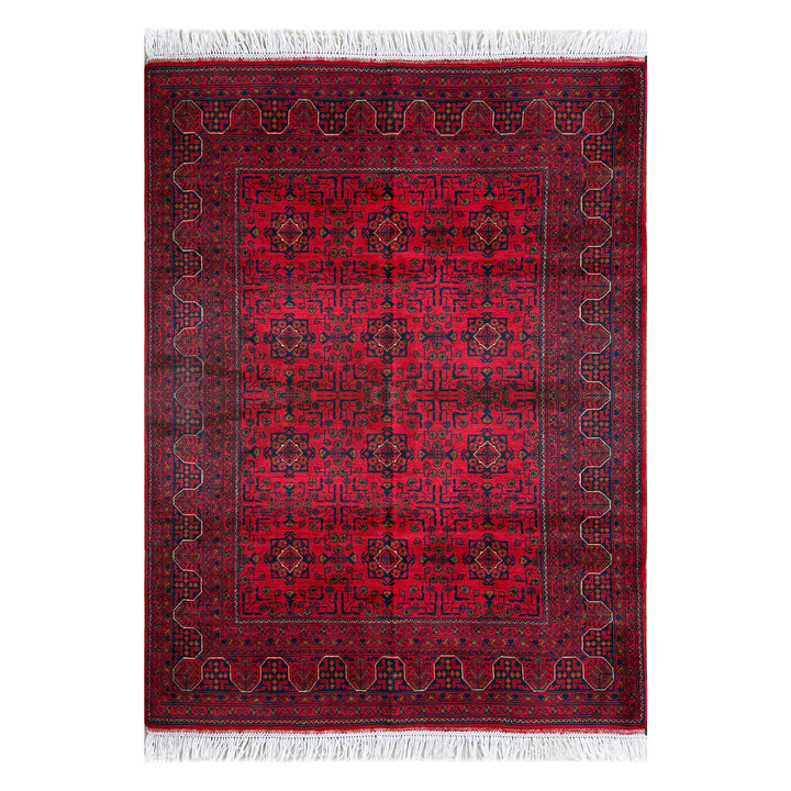 Afghan Mazar-e-Sharif Turkmen Khal Mohammadi hand-knotted carpet, deep crimson field with maze-like angular near-black navy lattice punctuated by gold and ivory diamonds