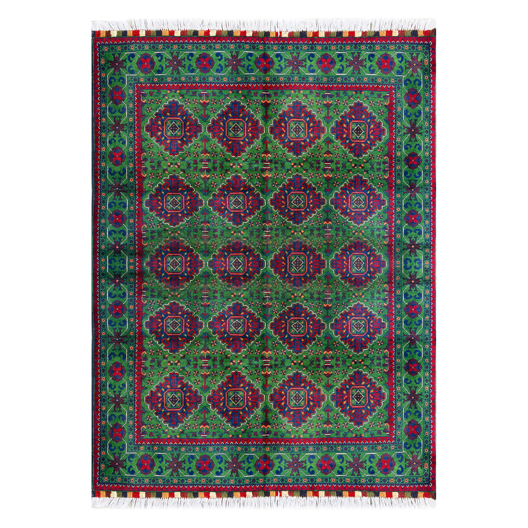 Afghan Mazar-e-Sharif Turkmen Khal Mohammadi hand-knotted carpet, vivid emerald green field with rows of large rounded gul medallions in navy and crimson