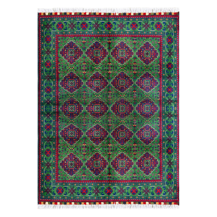 Afghan Mazar-e-Sharif Turkmen Khal Mohammadi hand-knotted carpet, vivid emerald green field with rows of large rounded gul medallions in navy and crimson