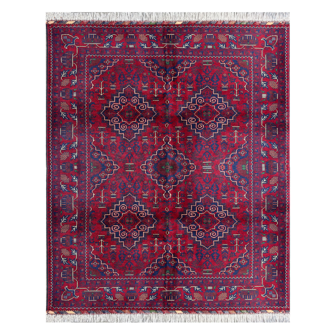 Afghan Mazar-e-Sharif Turkmen Khal Mohammadi hand-knotted carpet, deep crimson field with three diamond medallions in navy and ivory carrying ram's horn scrolls