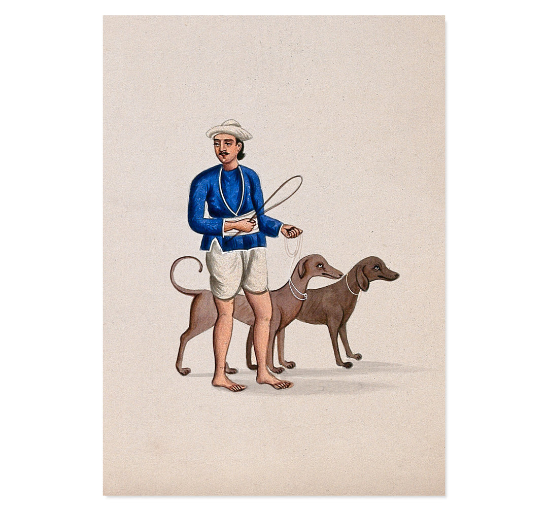 A dog keeper with two dogs Art Print