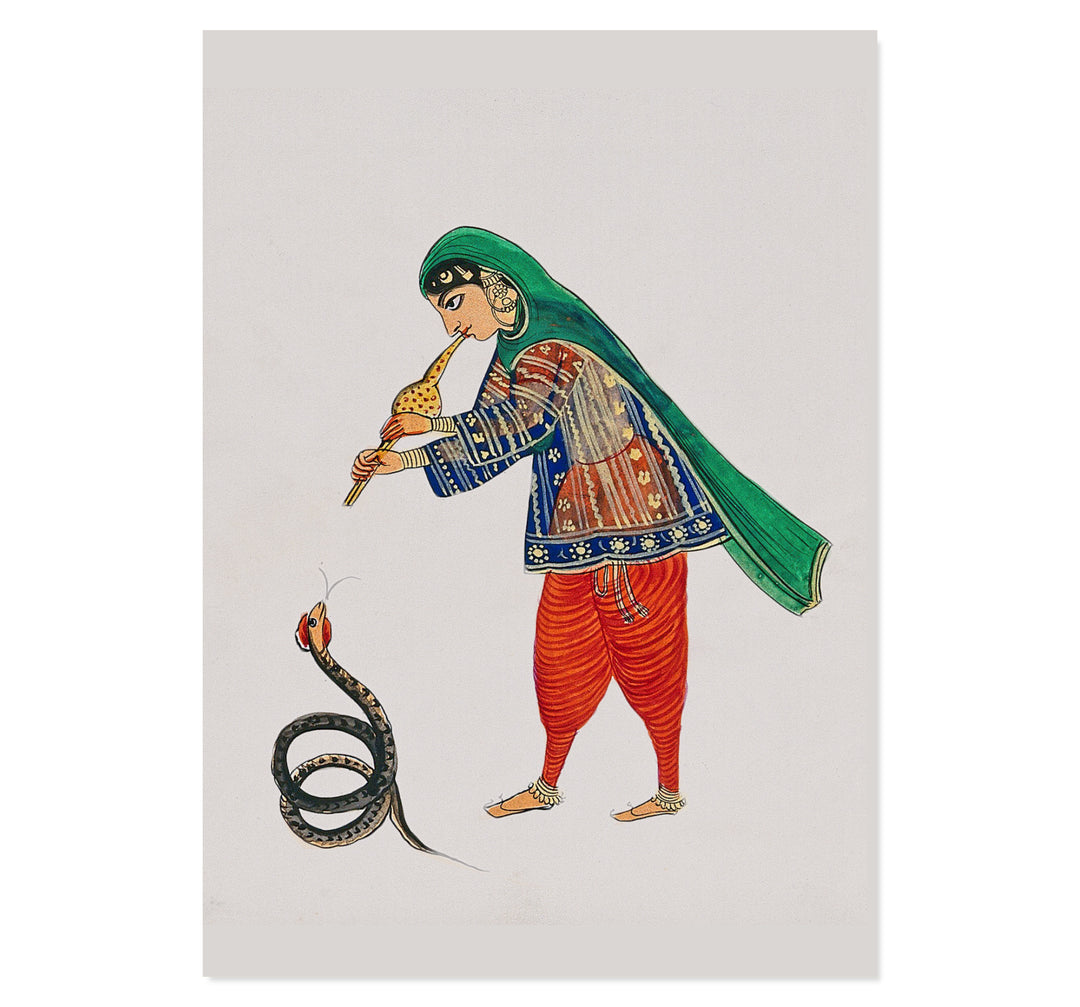 A female snake charmer plays the flute to rouse the snake Art Print