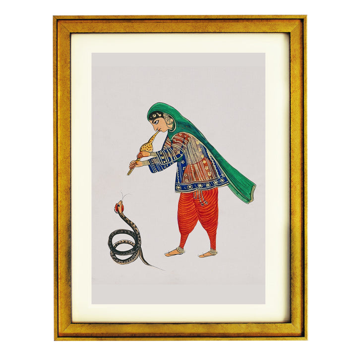 A female snake charmer plays the flute to rouse the snake Art Print