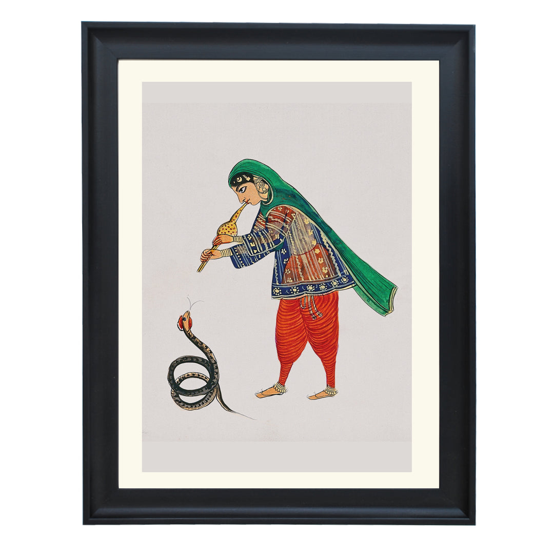 A female snake charmer plays the flute to rouse the snake Art Print