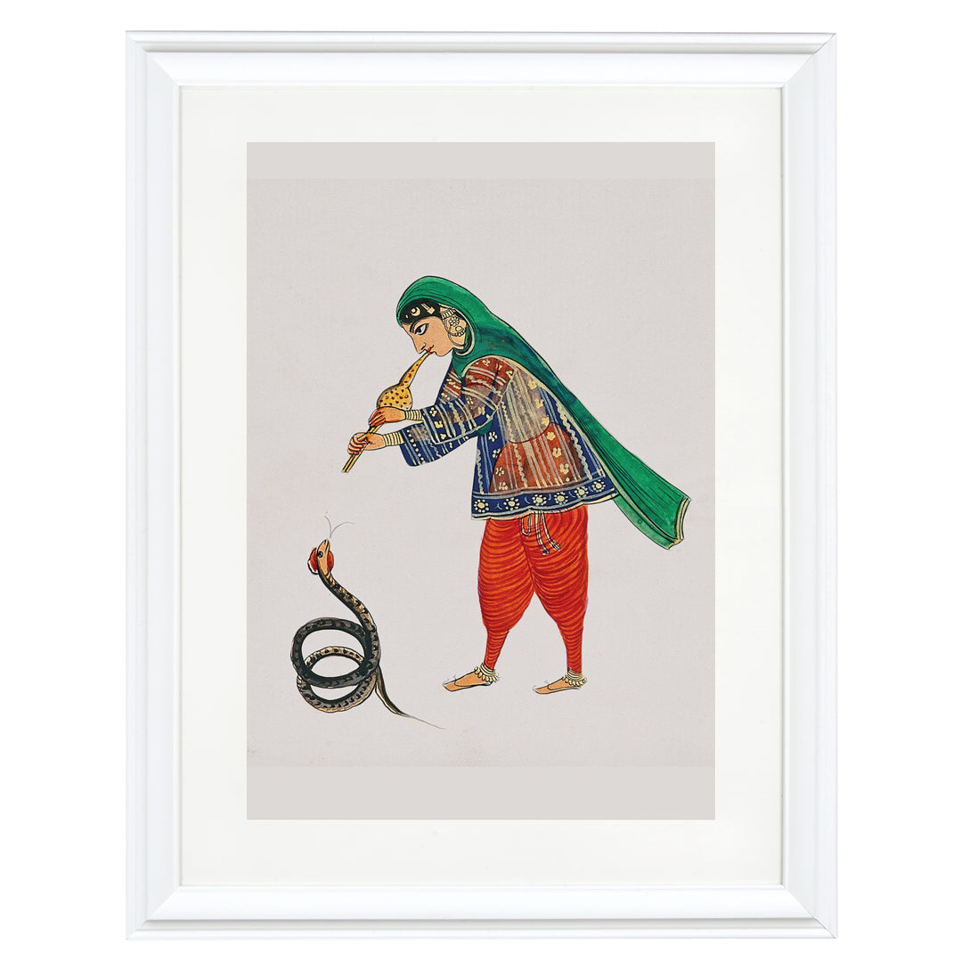 A female snake charmer plays the flute to rouse the snake Art Print