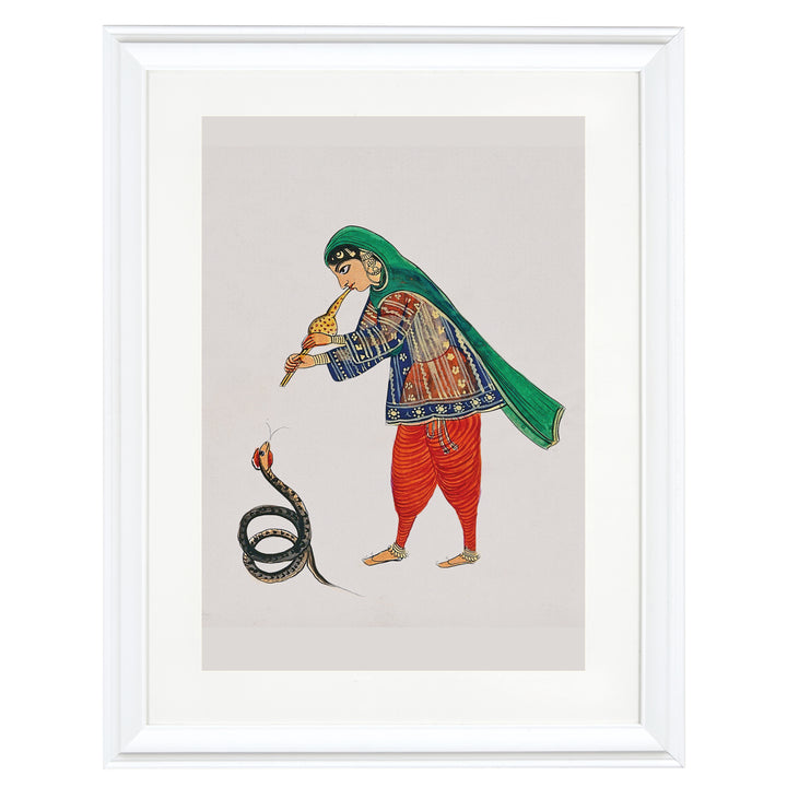 A female snake charmer plays the flute to rouse the snake Art Print