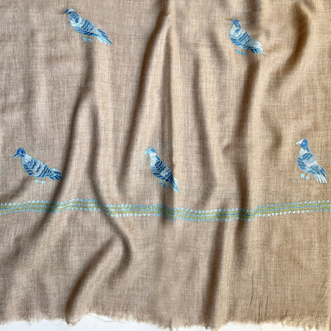 Pashmina Natural Blue Bird Embroidered Stole