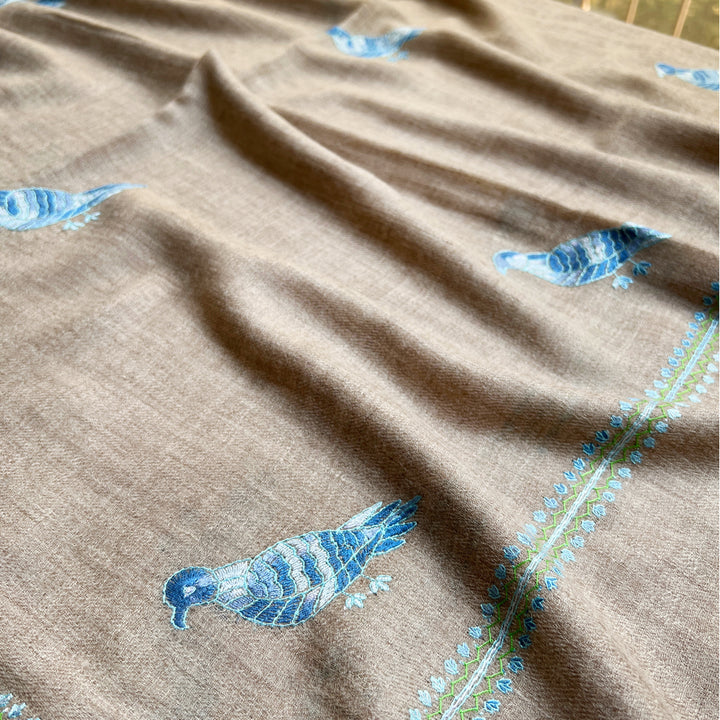 Pashmina Natural Blue Bird Embroidered Stole