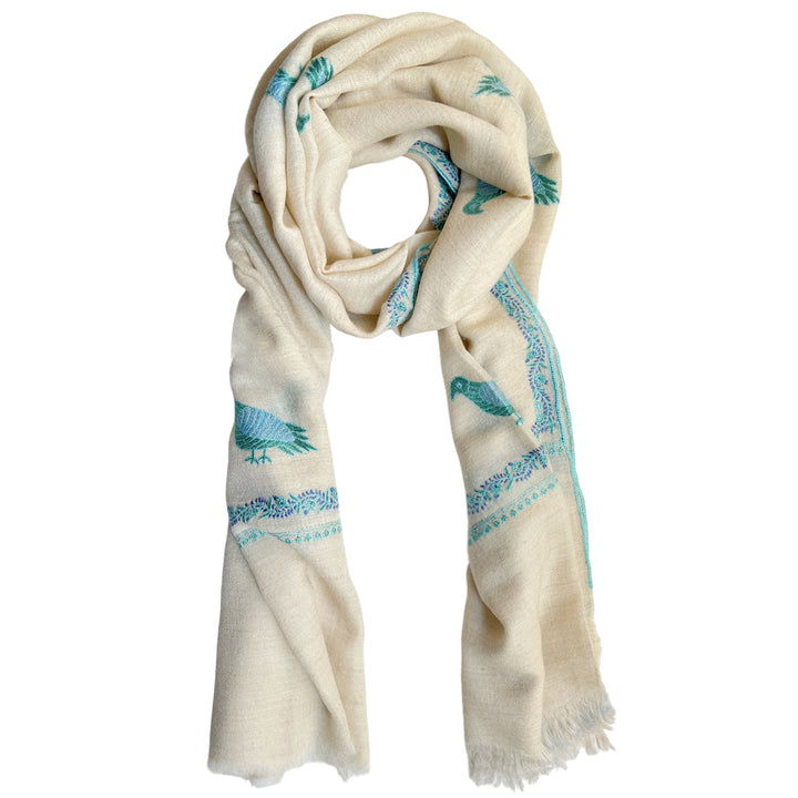 Pashmina Cream Blue Bird Embroidered Stole