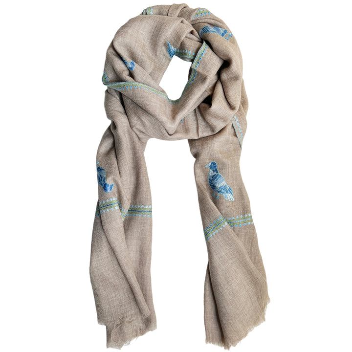 Pashmina Natural Blue Bird Embroidered Stole