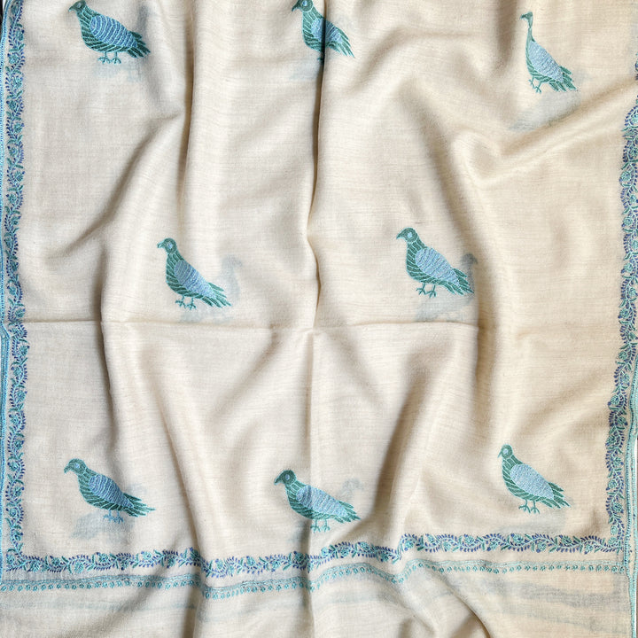 Pashmina Cream Blue Bird Embroidered Stole