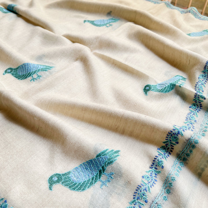 Pashmina Cream Blue Bird Embroidered Stole