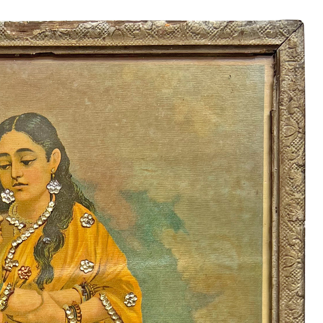 Menaka with Shakuntala, Beaded Oleograph