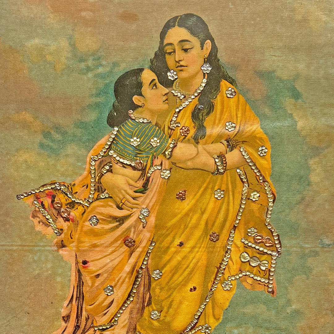 Menaka with Shakuntala, Beaded Oleograph