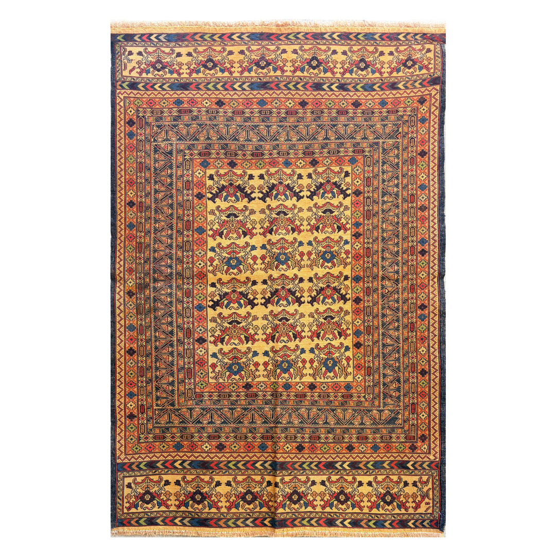 Afghan Herat Turkmen Maliky flatweave kilim, warm amber-gold field with allover botanical pattern in deep red and indigo, deep navy geometric border