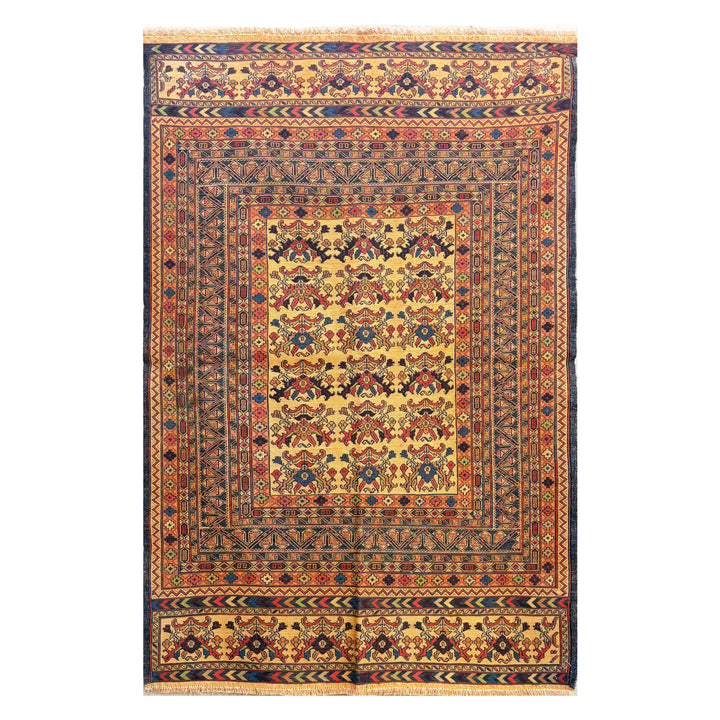 Afghan Herat Turkmen Maliky flatweave kilim, warm amber-gold field with allover botanical pattern in deep red and indigo, deep navy geometric border