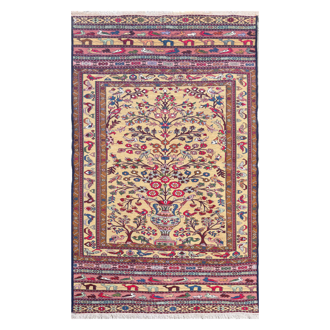 Afghan Herat Turkmen Maliky flatweave kilim, cream field with full Tree of Life rising from a flowering vase, figurative animal procession in top and bottom borders