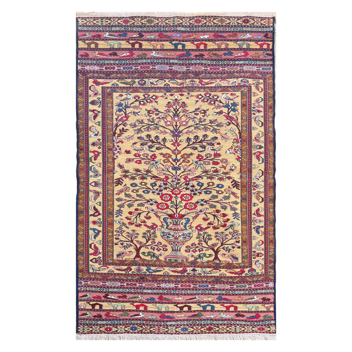 Afghan Herat Turkmen Maliky flatweave kilim, cream field with full Tree of Life rising from a flowering vase, figurative animal procession in top and bottom borders