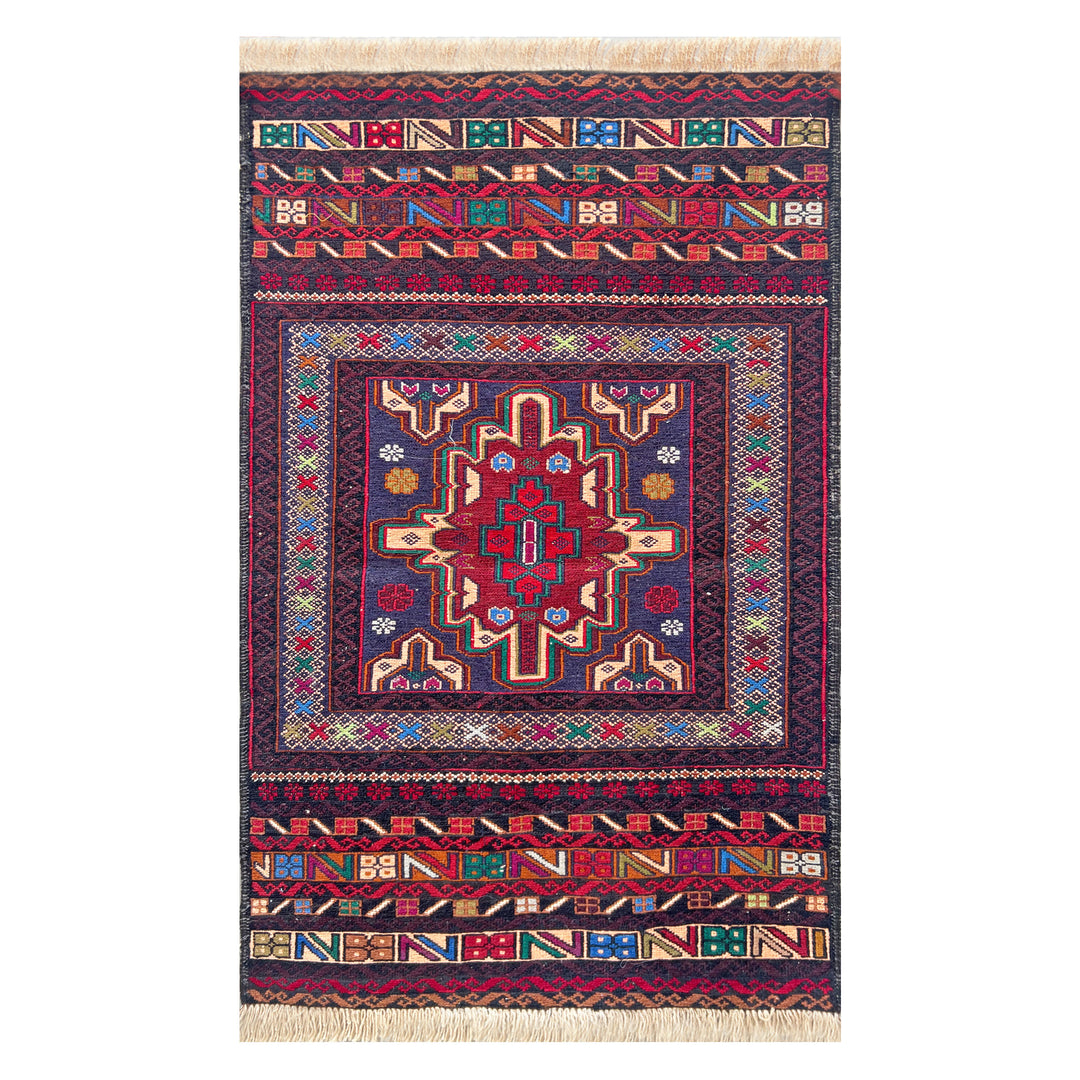Afghan Herat Turkmen Maliky flatweave kilim, deep navy and aubergine field with nested geometric central medallion in ivory and teal, jewel-toned border bands