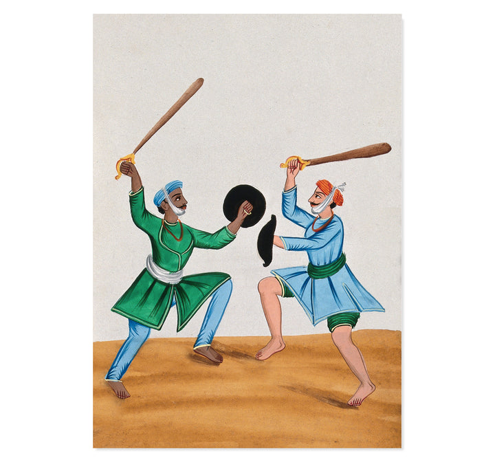 Two Sikh men dueling with wooden swords Art Print