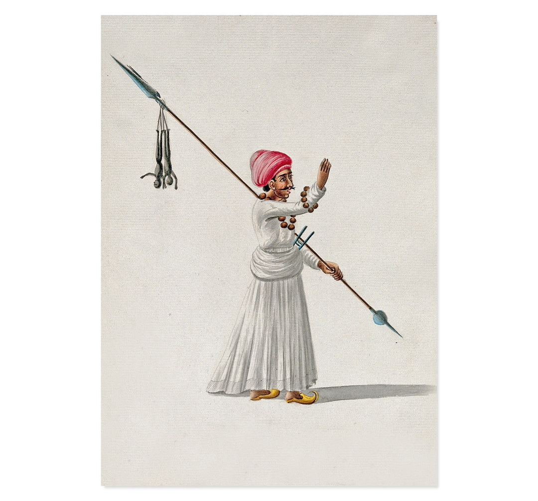 A man holding a spear with two puppets (?) hanging from one end, calls out to someone Art Print