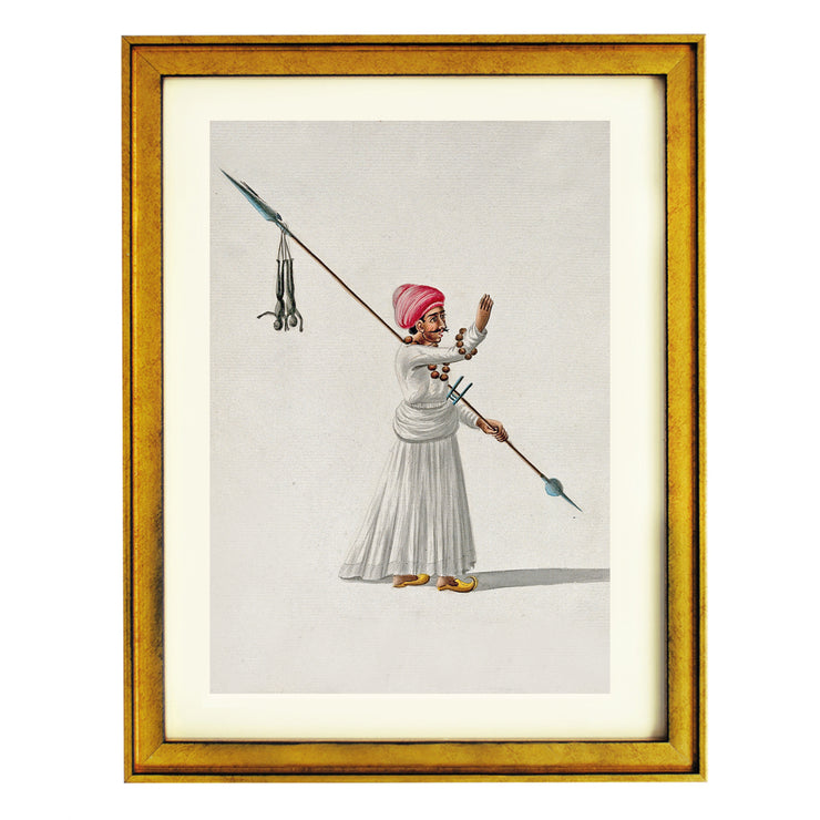 A man holding a spear with two puppets (?) hanging from one end, calls out to someone Art Print