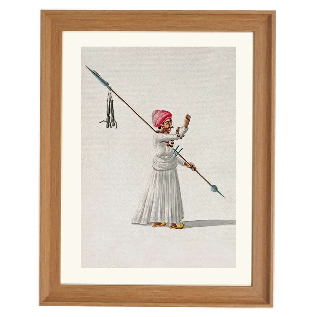 A man holding a spear with two puppets (?) hanging from one end, calls out to someone Art Print