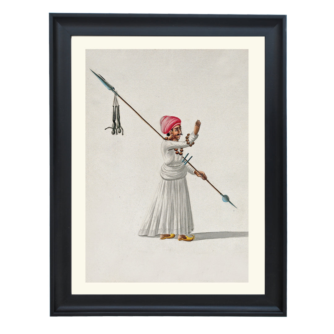 A man holding a spear with two puppets (?) hanging from one end, calls out to someone Art Print