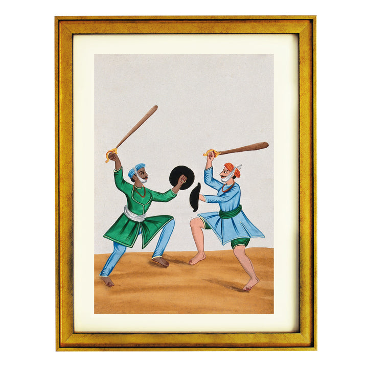 Two Sikh men dueling with wooden swords Art Print