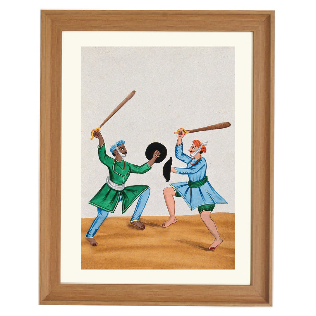 Two Sikh men dueling with wooden swords Art Print