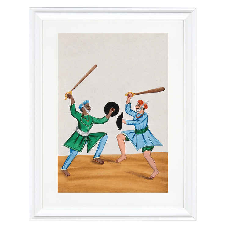 Two Sikh men dueling with wooden swords Art Print