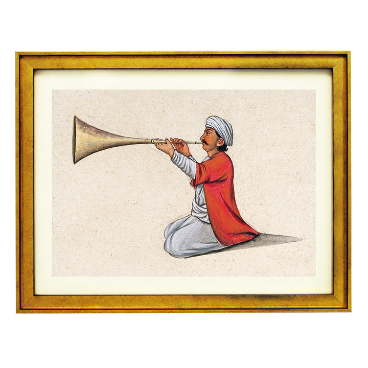 An Indian musician playing a brass wind instrument Art Print