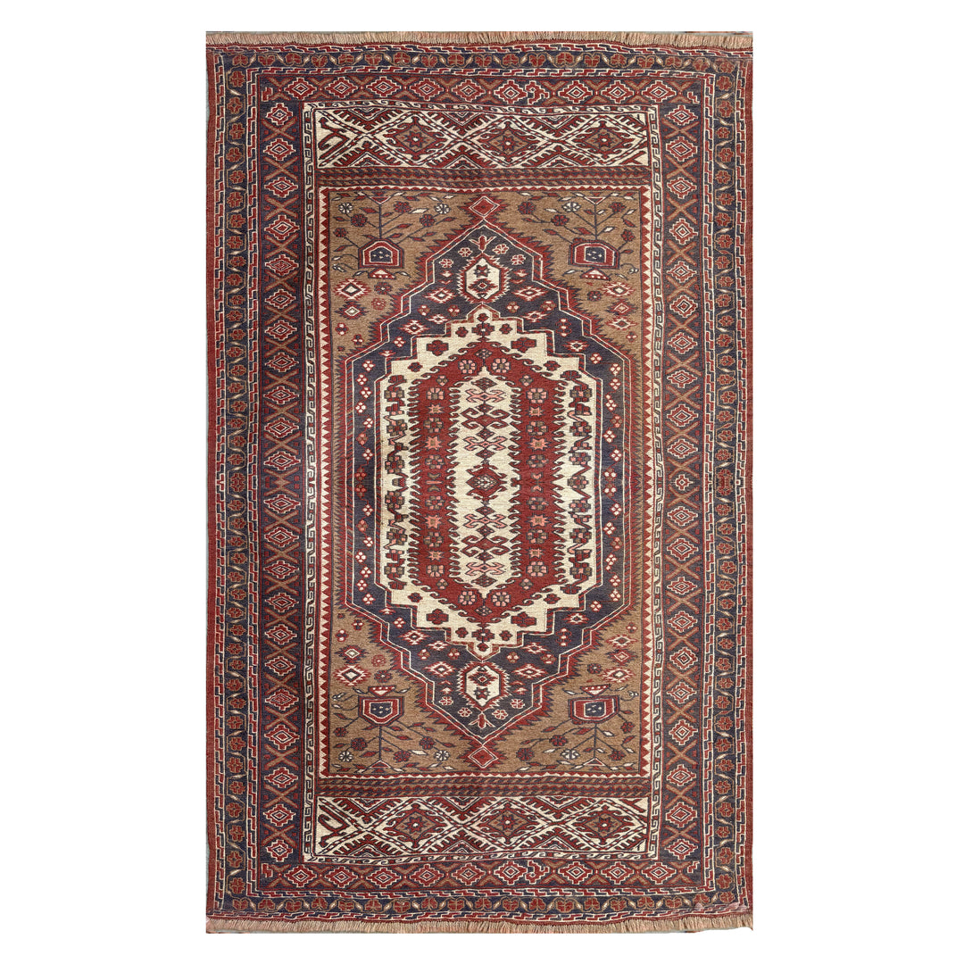 Vintage Afghan Herat Turkmen Kalainav flatweave kilim, camel and warm khaki field with elongated central medallion in navy and ivory, geometric rust, navy and cream border