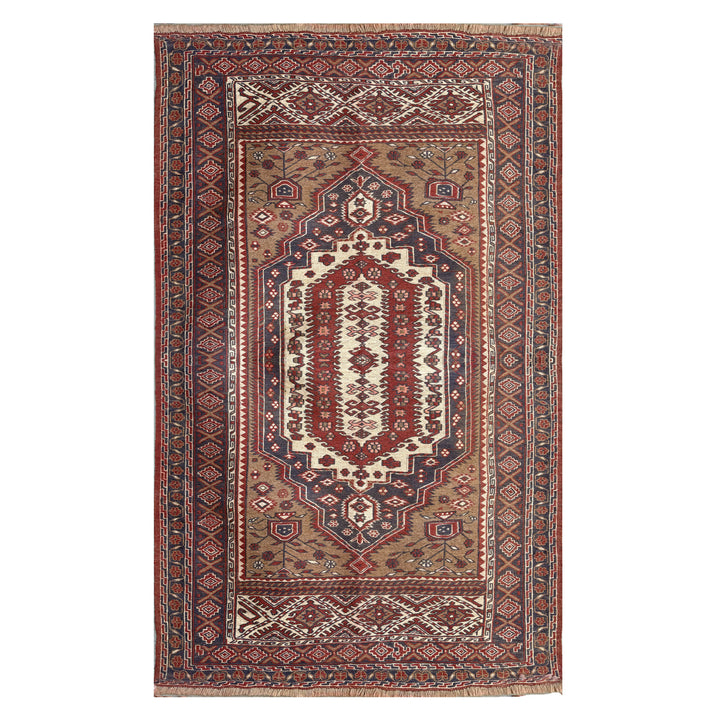 Vintage Afghan Herat Turkmen Kalainav flatweave kilim, camel and warm khaki field with elongated central medallion in navy and ivory, geometric rust, navy and cream border