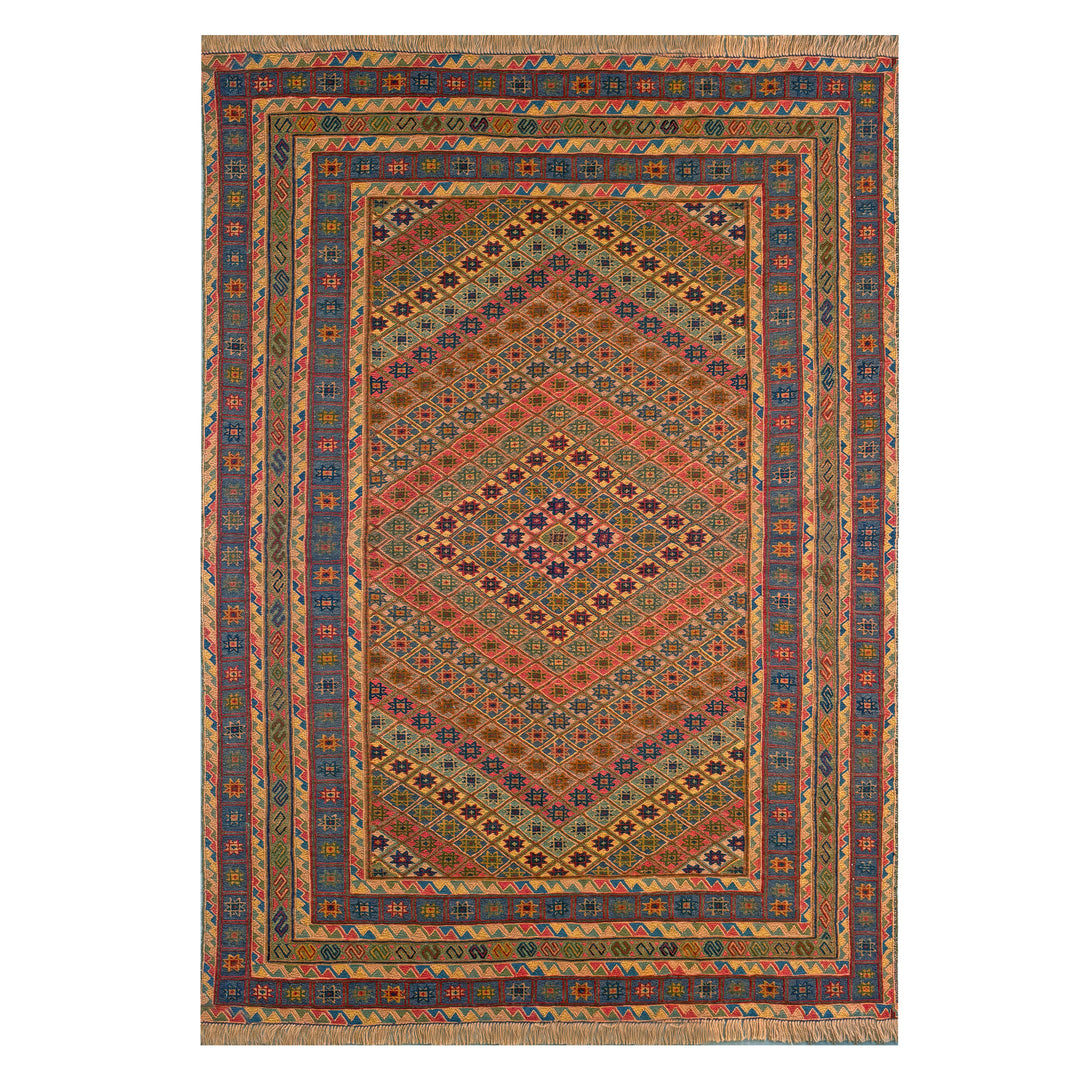 Afghan Herat Turkmen Mushwani flatweave kilim, allover fine diamond lattice of small star and cross motifs in rose, cobalt, amber, olive and ivory, deep blue border