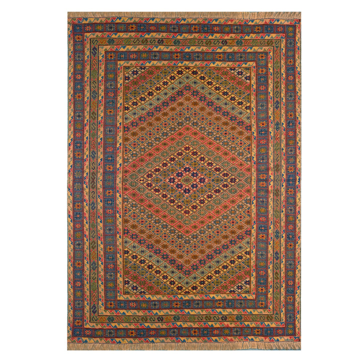Afghan Herat Turkmen Mushwani flatweave kilim, allover fine diamond lattice of small star and cross motifs in rose, cobalt, amber, olive and ivory, deep blue border