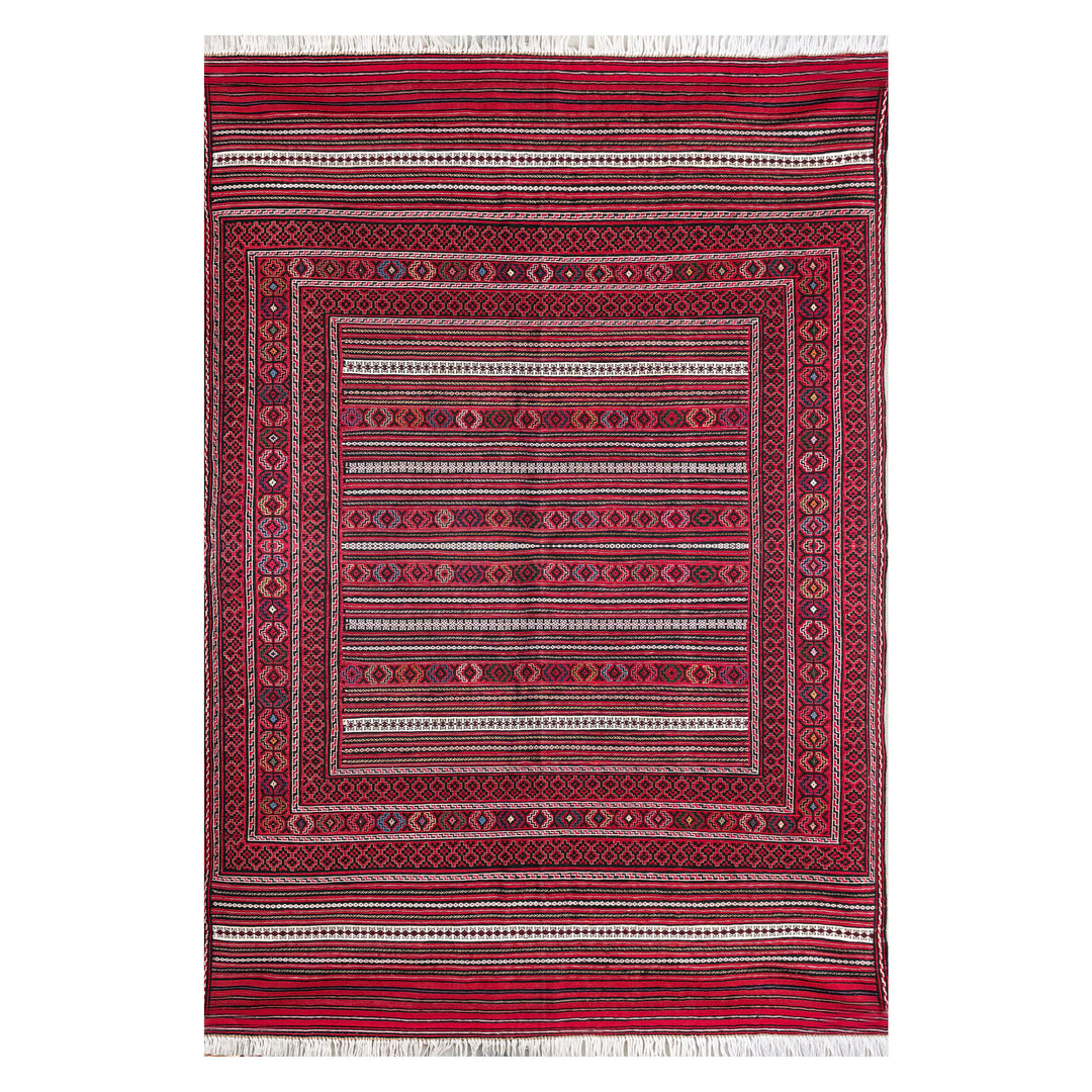 Afghan Herat Turkmen Laghari flatweave kilim, deep red field in alternating horizontal bands of diamond medallions, chevrons and small geometric flowers