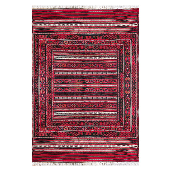 Afghan Herat Turkmen Laghari flatweave kilim, deep red field in alternating horizontal bands of diamond medallions, chevrons and small geometric flowers