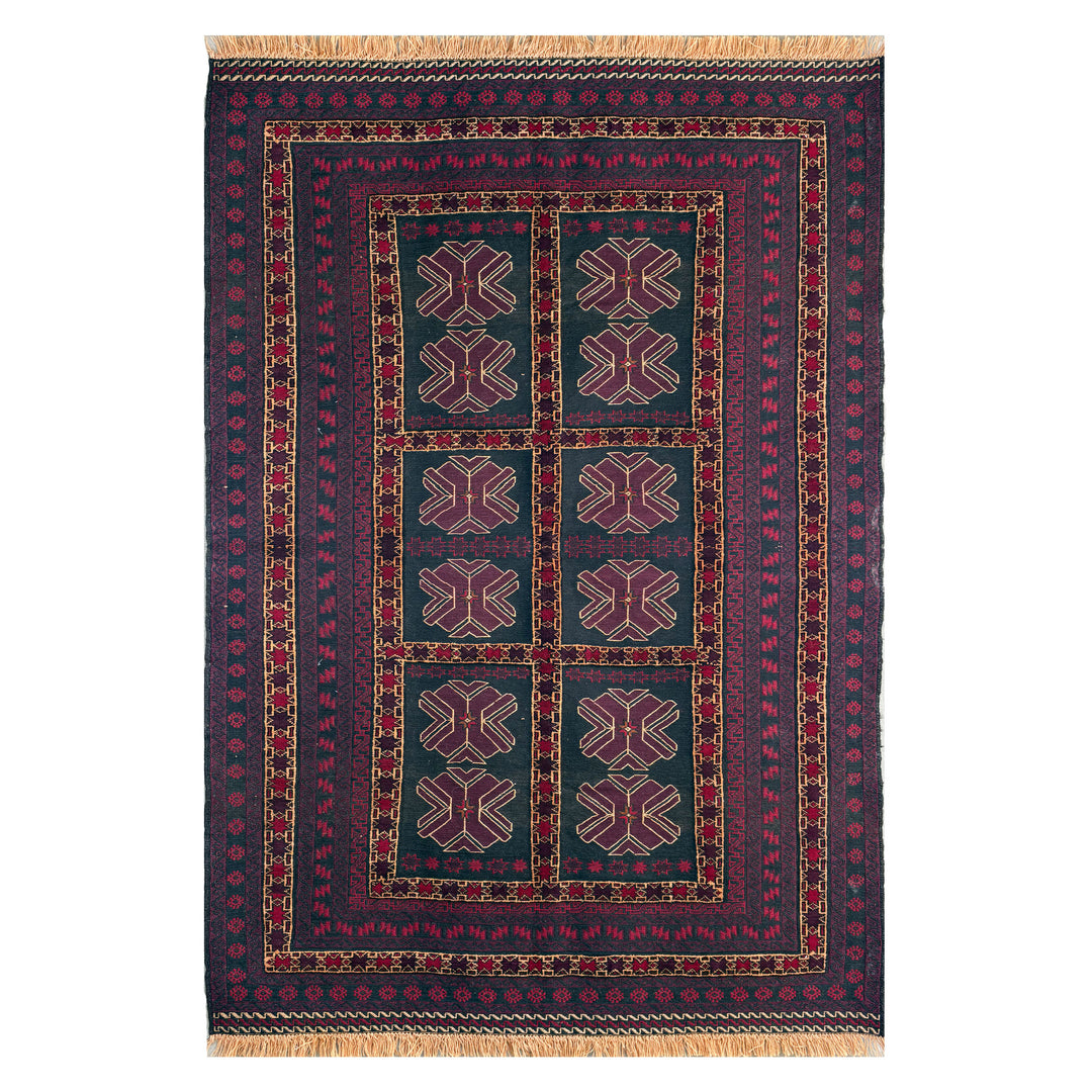 Afghan Herat Turkmen Kalainav flatweave kilim, deep navy ground with geometric butterfly and cross motifs in aubergine and old gold within framed panels