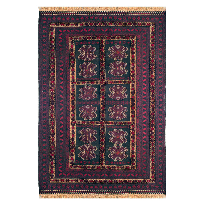 Afghan Herat Turkmen Kalainav flatweave kilim, deep navy ground with geometric butterfly and cross motifs in aubergine and old gold within framed panels