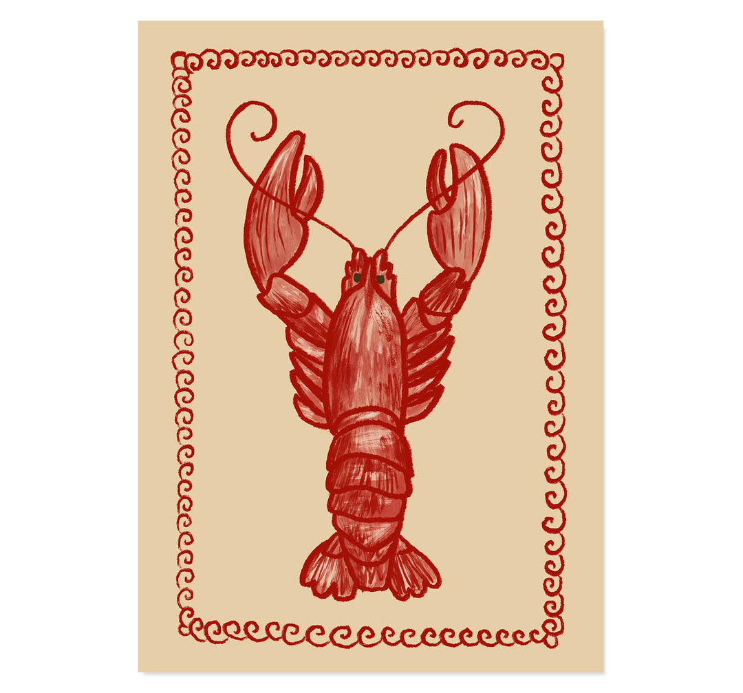 lobster illustration print, coastal kitchen wall decor, nautical dining art, seafood restaurant artwork, red marine art print, cottage coastal vibe