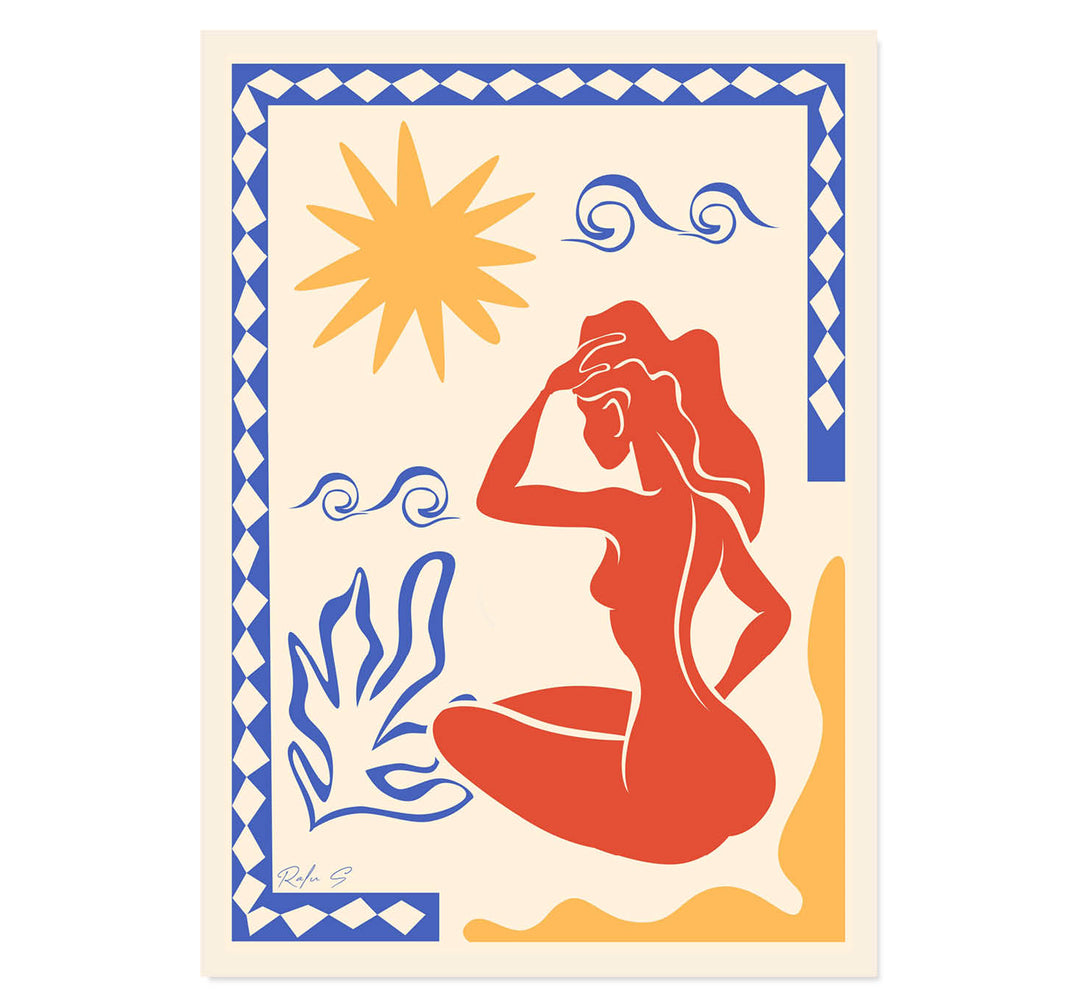 Mediterranean wall art, bohemian sun print, coastal chic decor, terracotta and blue art, abstract female silhouette, summer beach vibe art