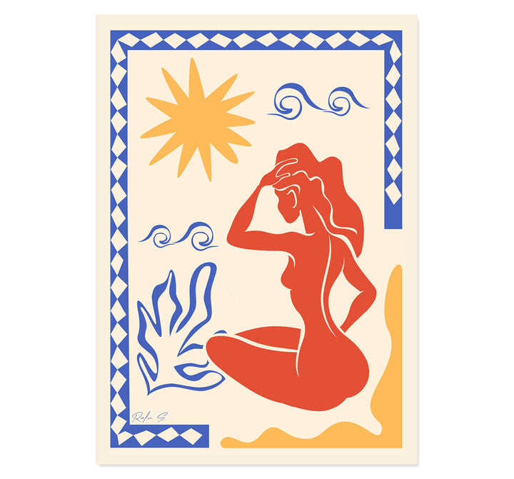 Mediterranean wall art, bohemian sun print, coastal chic decor, terracotta and blue art, abstract female silhouette, summer beach vibe art
