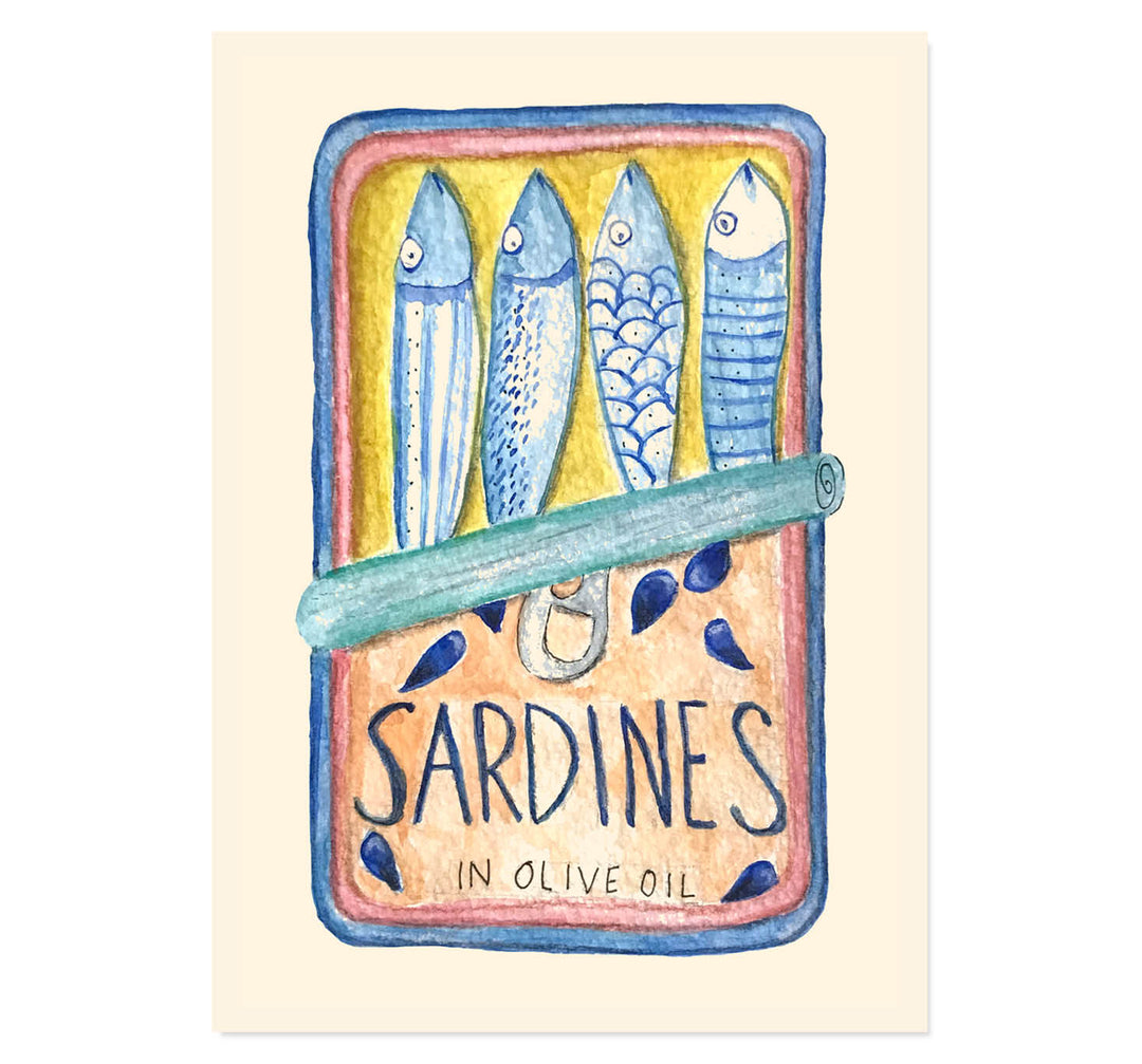 sardine tin art print, watercolor kitchen wall art, coastal dining room decor, Mediterranean food illustration, quirky kitchen print, seafood art