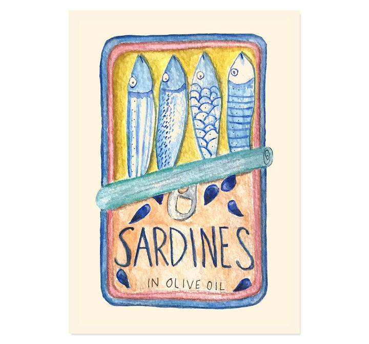 sardine tin art print, watercolor kitchen wall art, coastal dining room decor, Mediterranean food illustration, quirky kitchen print, seafood art