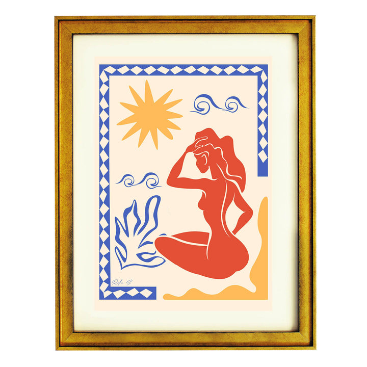 Mediterranean wall art, bohemian sun print, coastal chic decor, terracotta and blue art, abstract female silhouette, summer beach vibe art